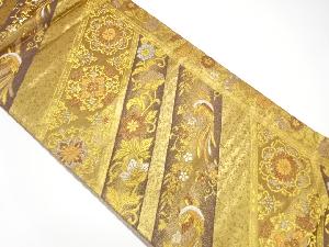 斜め縞に花喰い鳥・華紋模様織出し袋帯